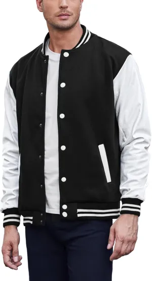 COOFANDY Mens Fashion Varsity Jackets Leather Sleeve Slim Fit College Baseball Letterman Bomber Coat