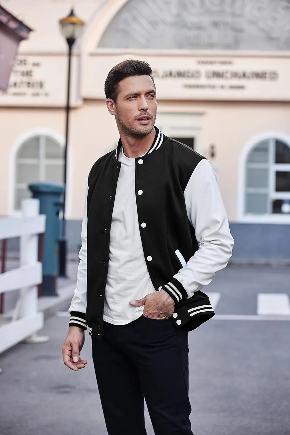 COOFANDY Mens Fashion Varsity Jackets Leather Sleeve Slim Fit College Baseball Letterman Bomber Coat