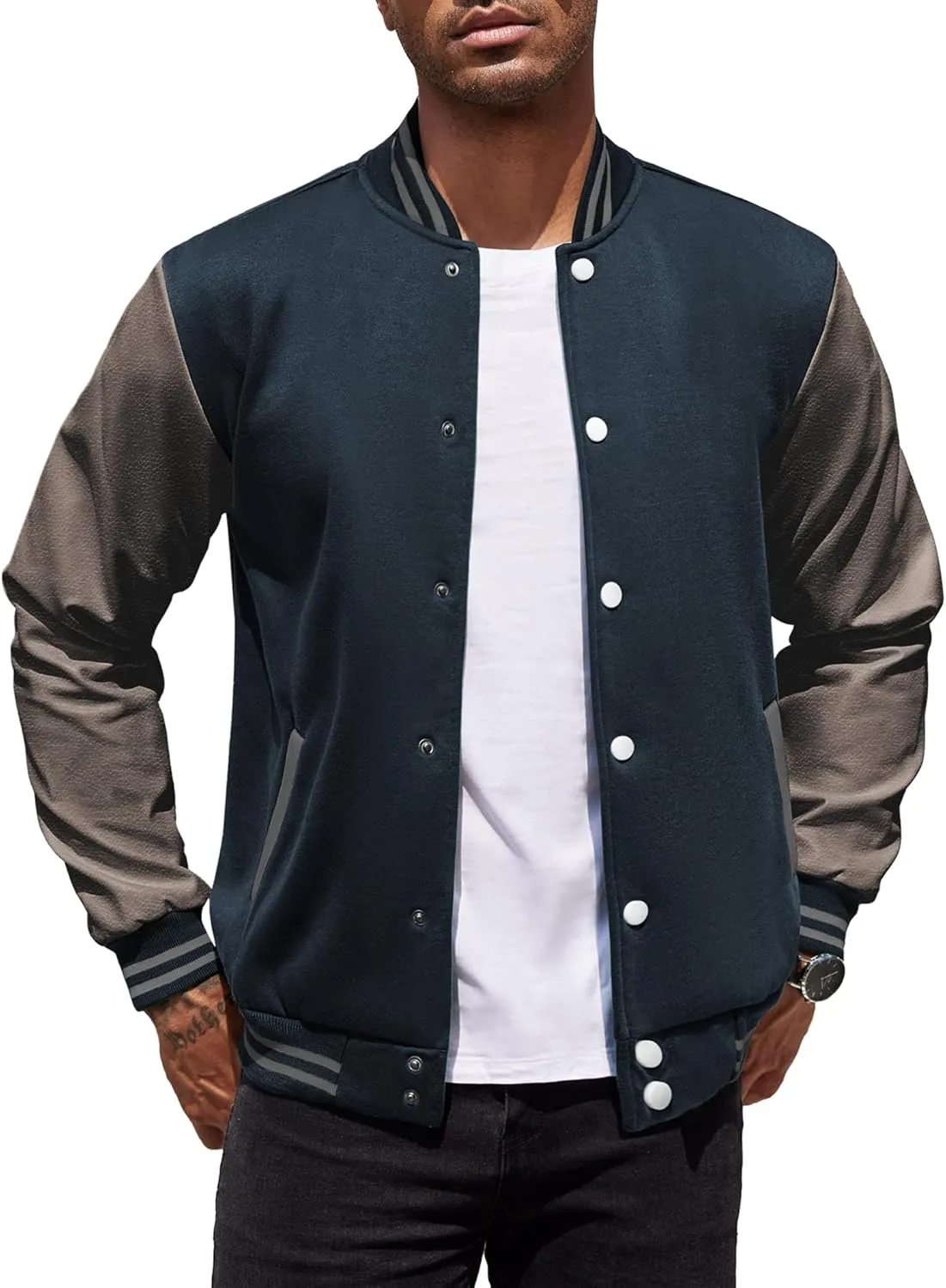 COOFANDY Mens Fashion Varsity Jackets Leather Sleeve Slim Fit College Baseball Letterman Bomber Coat