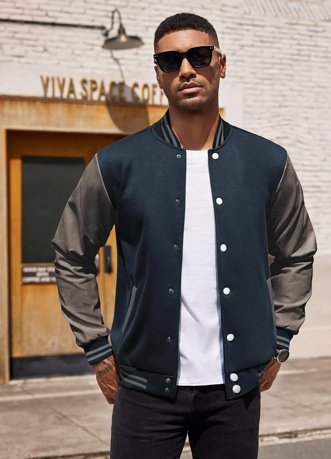 COOFANDY Mens Fashion Varsity Jackets Leather Sleeve Slim Fit College Baseball Letterman Bomber Coat