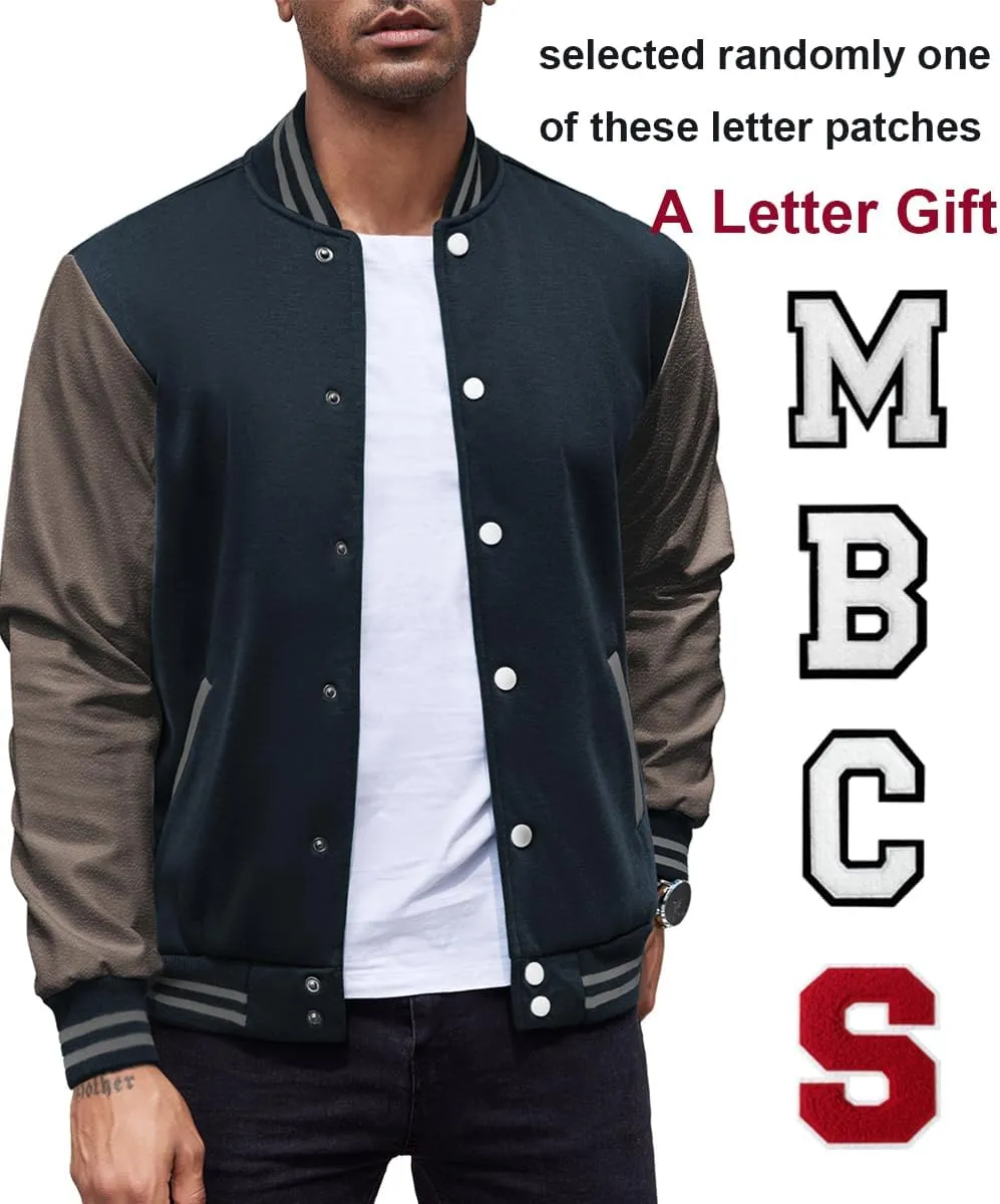 COOFANDY Mens Fashion Varsity Jackets Leather Sleeve Slim Fit College Baseball Letterman Bomber Coat