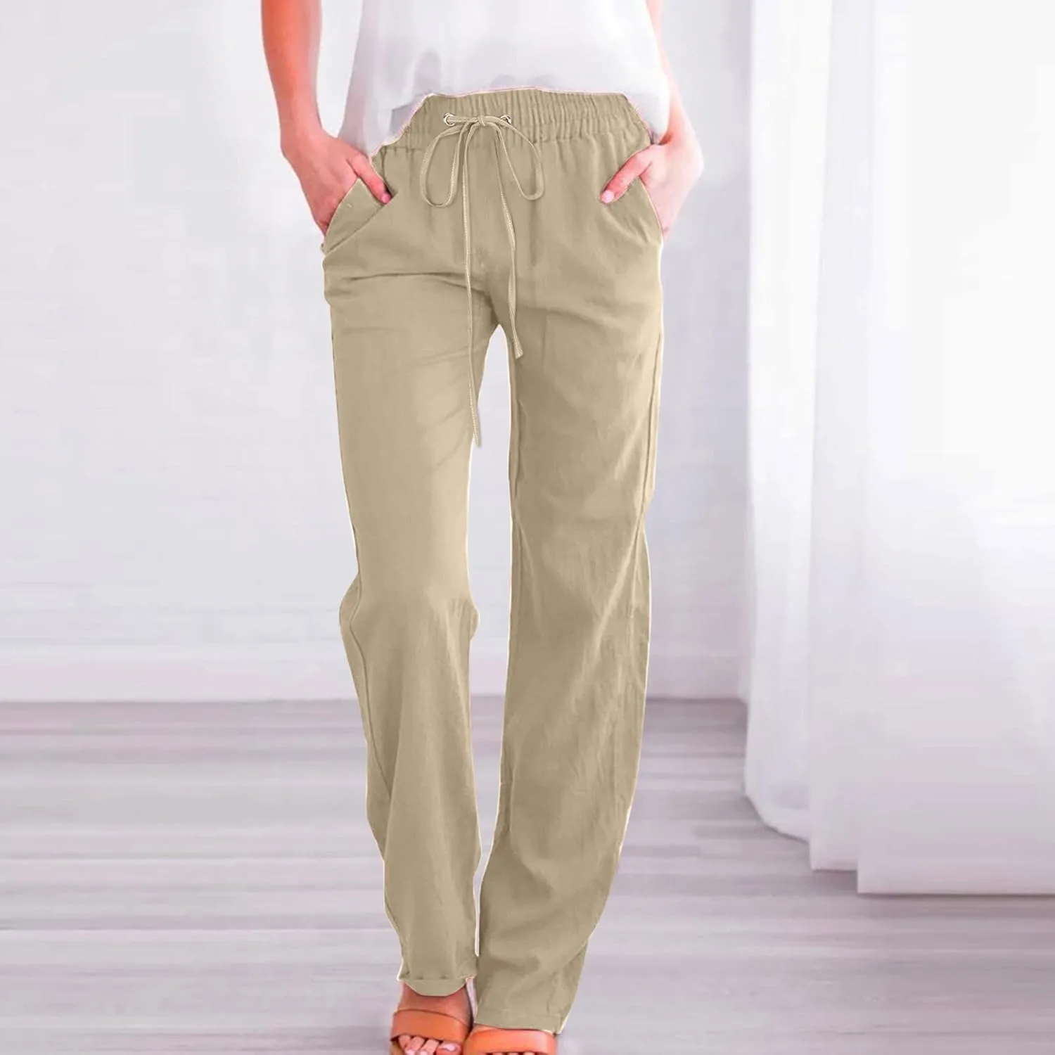 Corduroy Pleated Pants for Women Winter Everyday Hiking Pants with Pockets Elastic Waist High Waisted