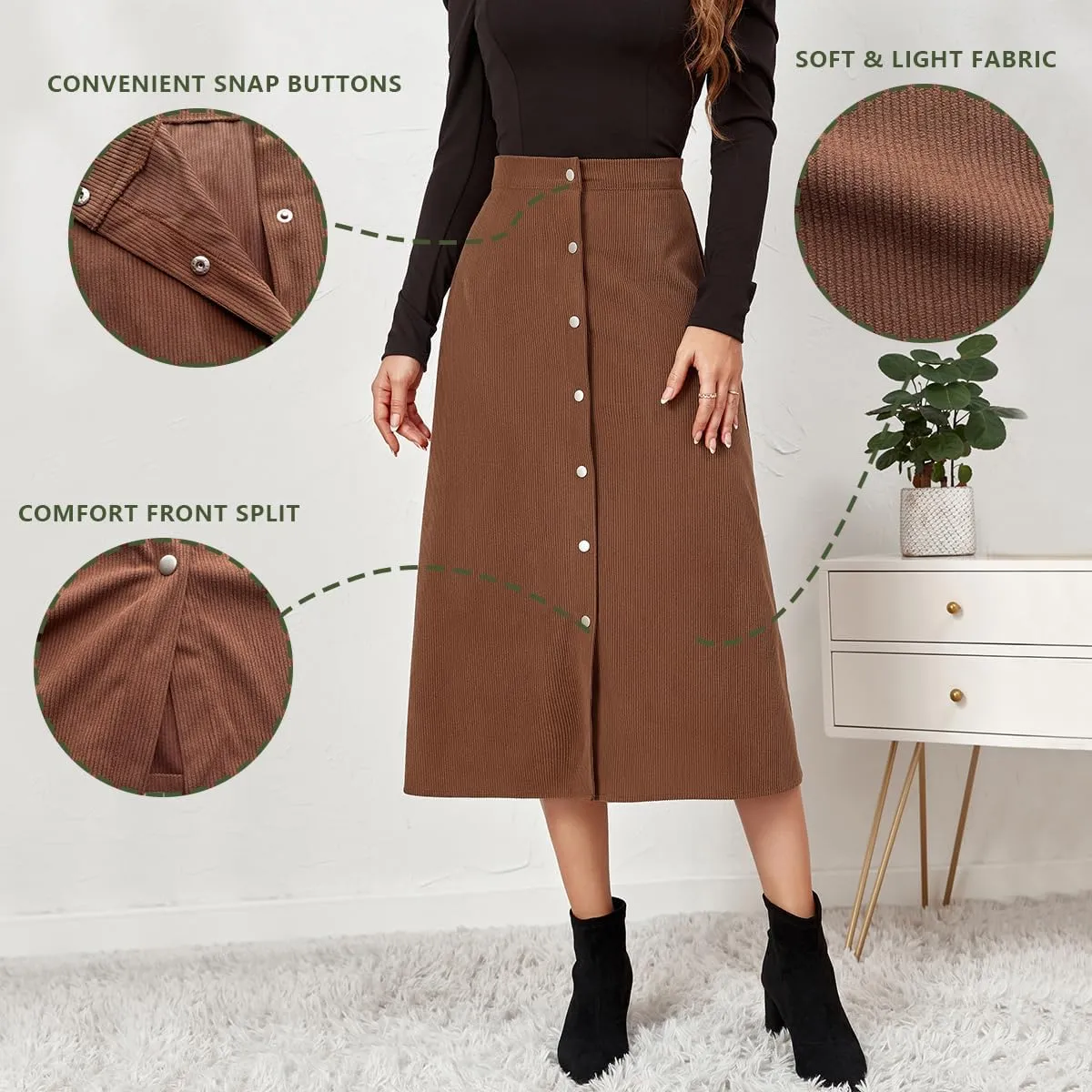 Corduroy Skirt, A-Line High Waist Skirts Long Skirts for Women, Buttons Down Straight Casual Fall Skirt