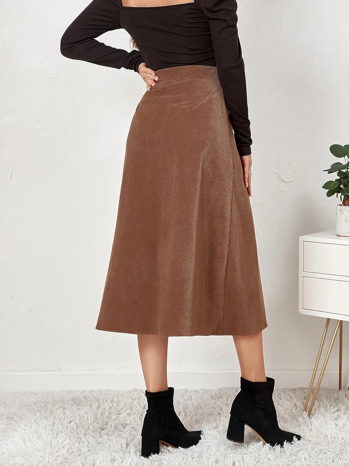 Corduroy Skirt, A-Line High Waist Skirts Long Skirts for Women, Buttons Down Straight Casual Fall Skirt