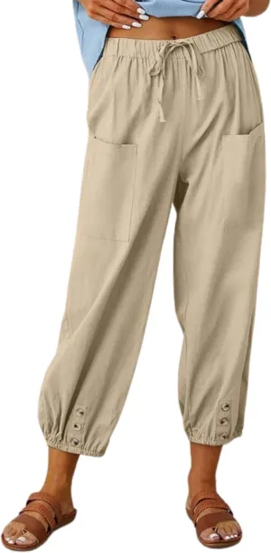 Cotton Linen Capri Pants for Women Summer Casual Plus Size High Waist Elastic Drawstring Button Trouser with Pockets