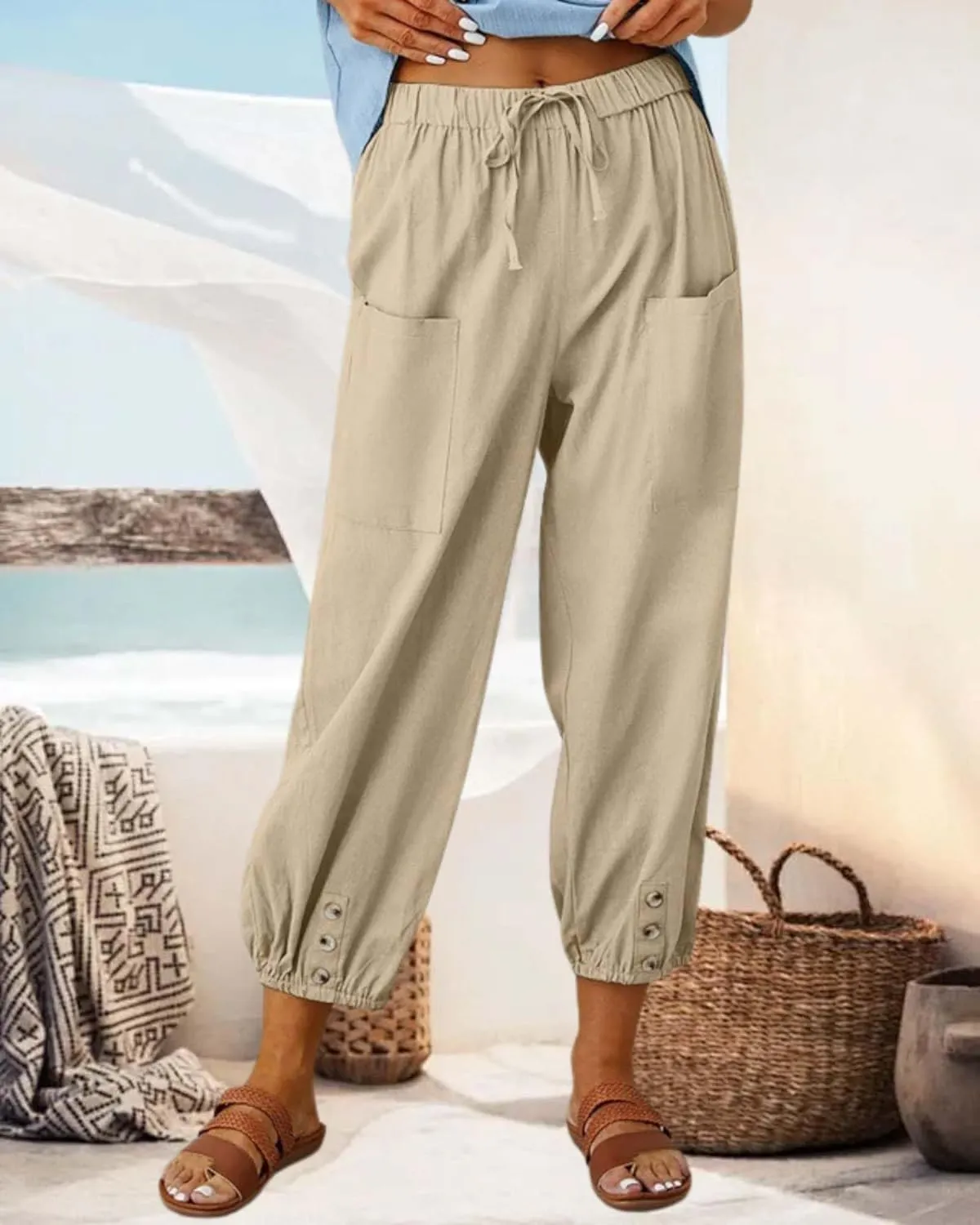 Cotton Linen Capri Pants for Women Summer Casual Plus Size High Waist Elastic Drawstring Button Trouser with Pockets