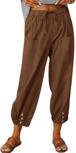 Cotton Linen Capri Pants for Women Summer Casual Plus Size High Waist Elastic Drawstring Button Trouser with Pockets