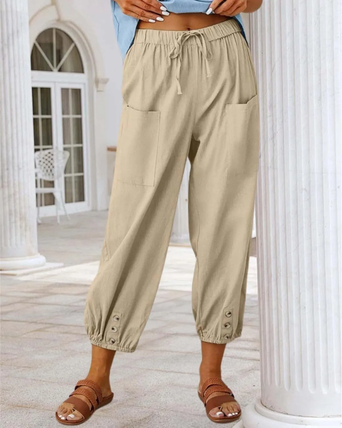 Cotton Linen Capri Pants for Women Summer Casual Plus Size High Waist Elastic Drawstring Button Trouser with Pockets