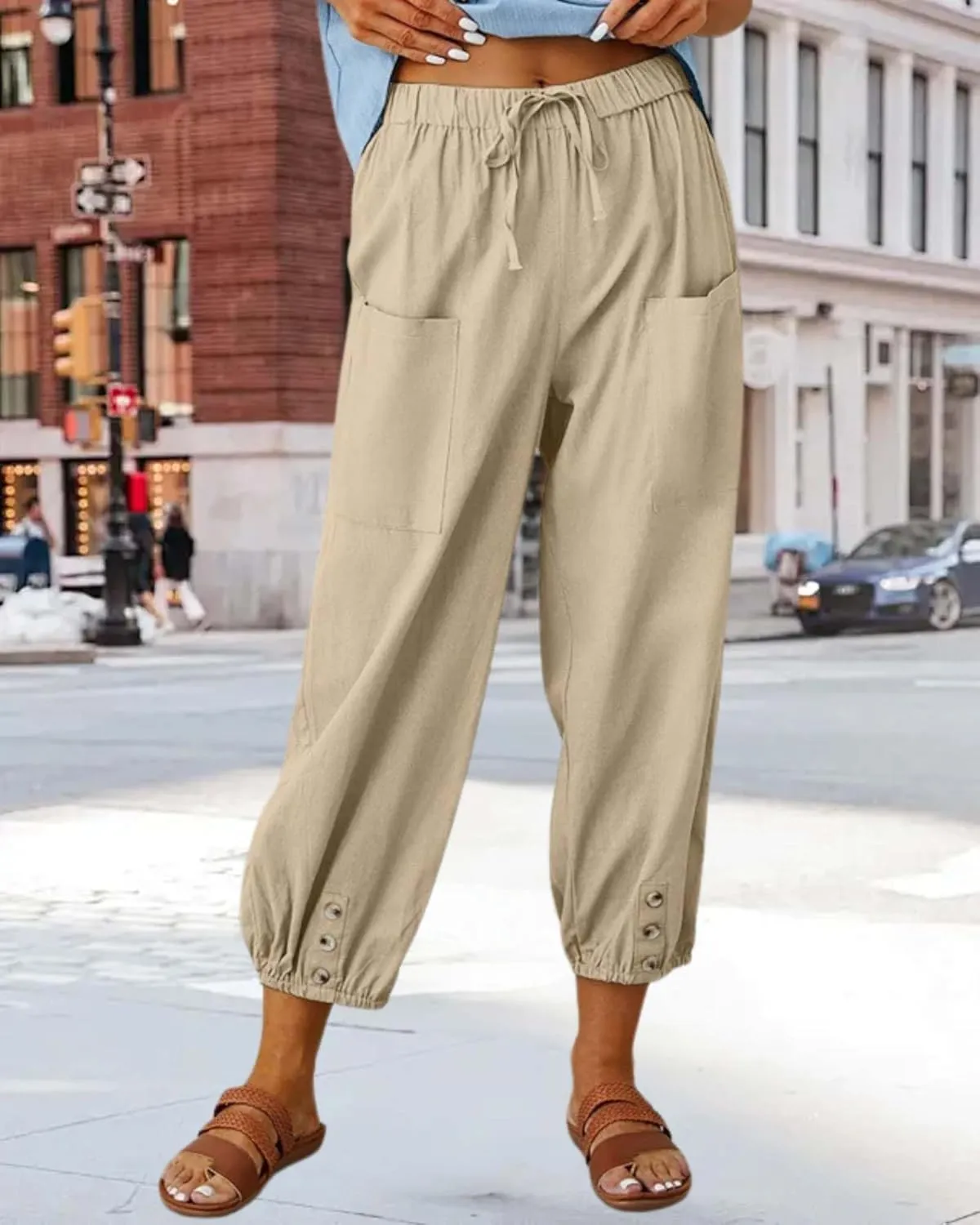 Cotton Linen Capri Pants for Women Summer Casual Plus Size High Waist Elastic Drawstring Button Trouser with Pockets