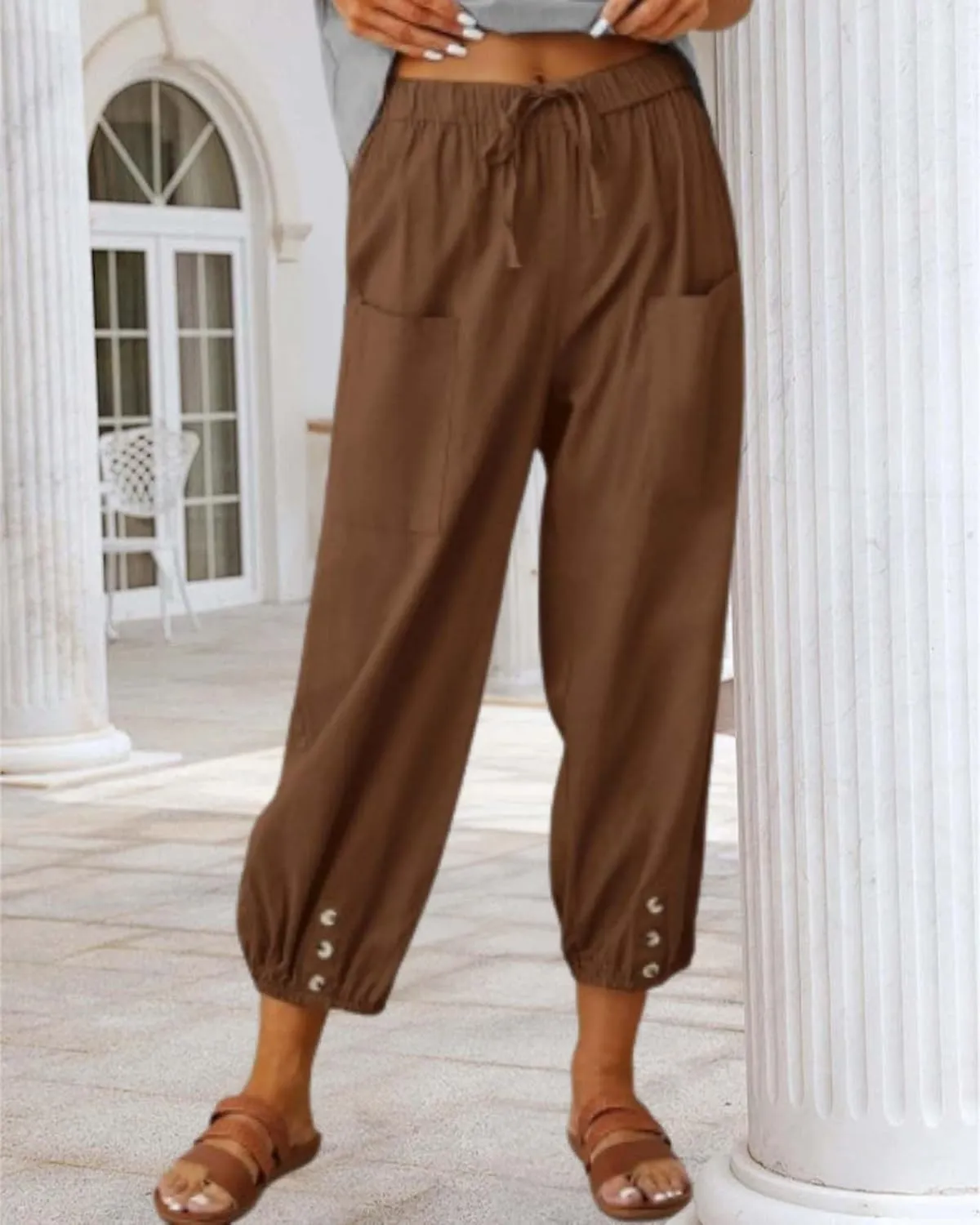 Cotton Linen Capri Pants for Women Summer Casual Plus Size High Waist Elastic Drawstring Button Trouser with Pockets
