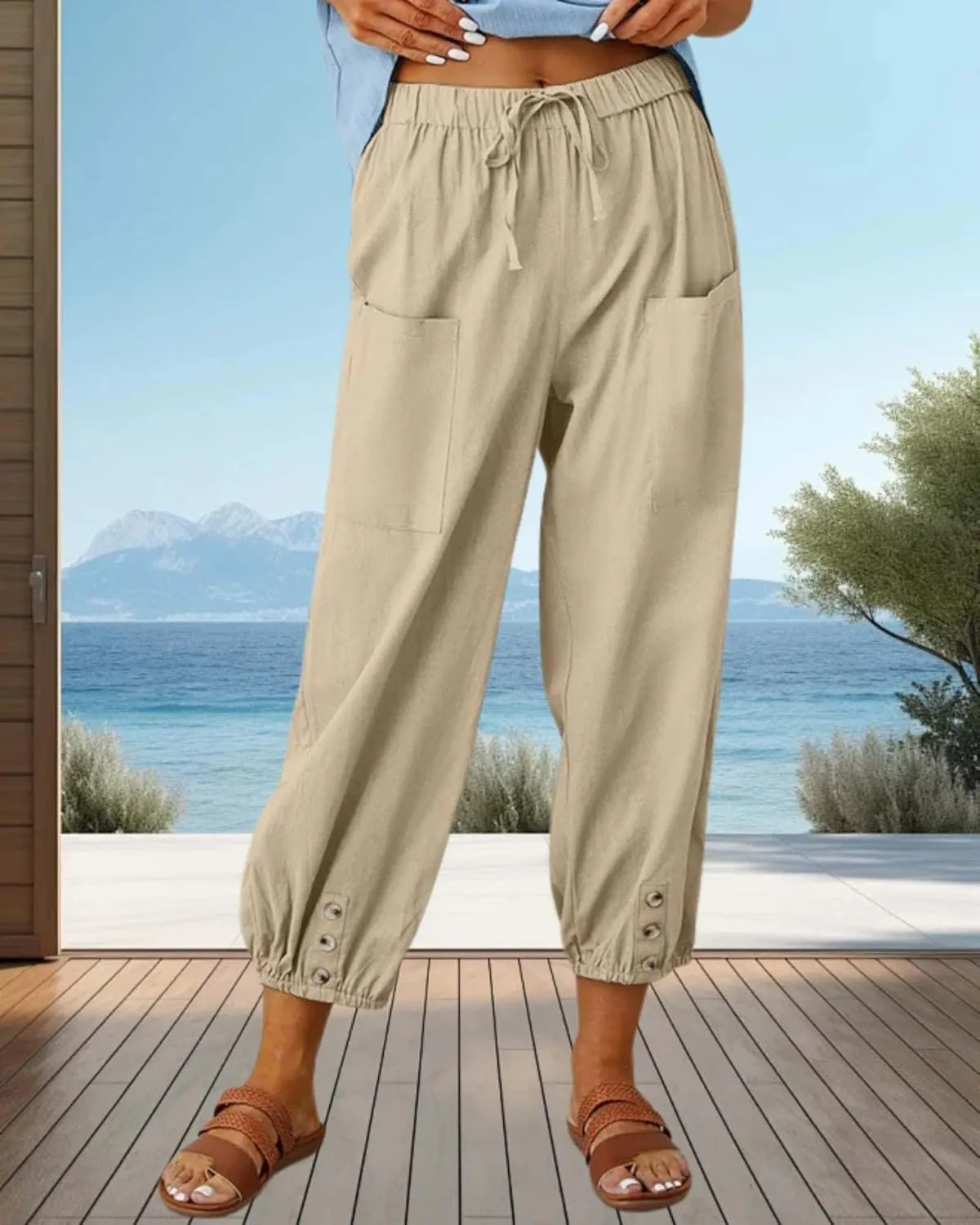 Cotton Linen Capri Pants for Women Summer Casual Plus Size High Waist Elastic Drawstring Button Trouser with Pockets