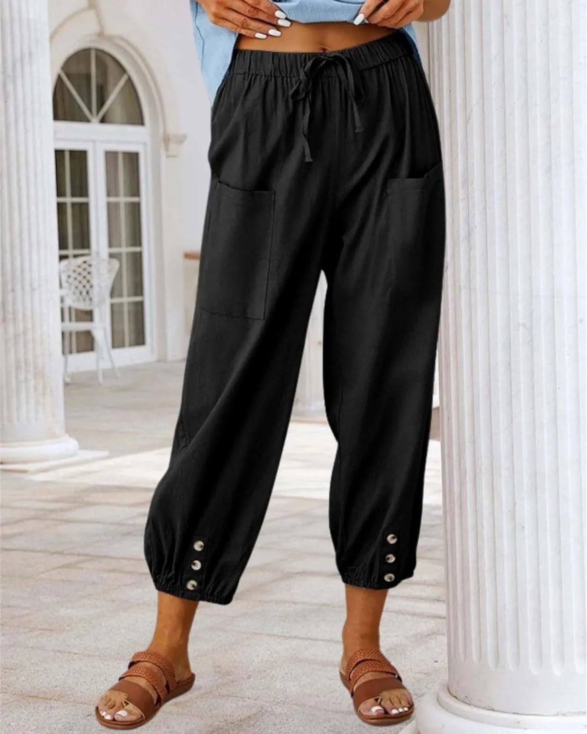 Cotton Linen Capri Pants for Women Summer Casual Plus Size High Waist Elastic Drawstring Button Trouser with Pockets