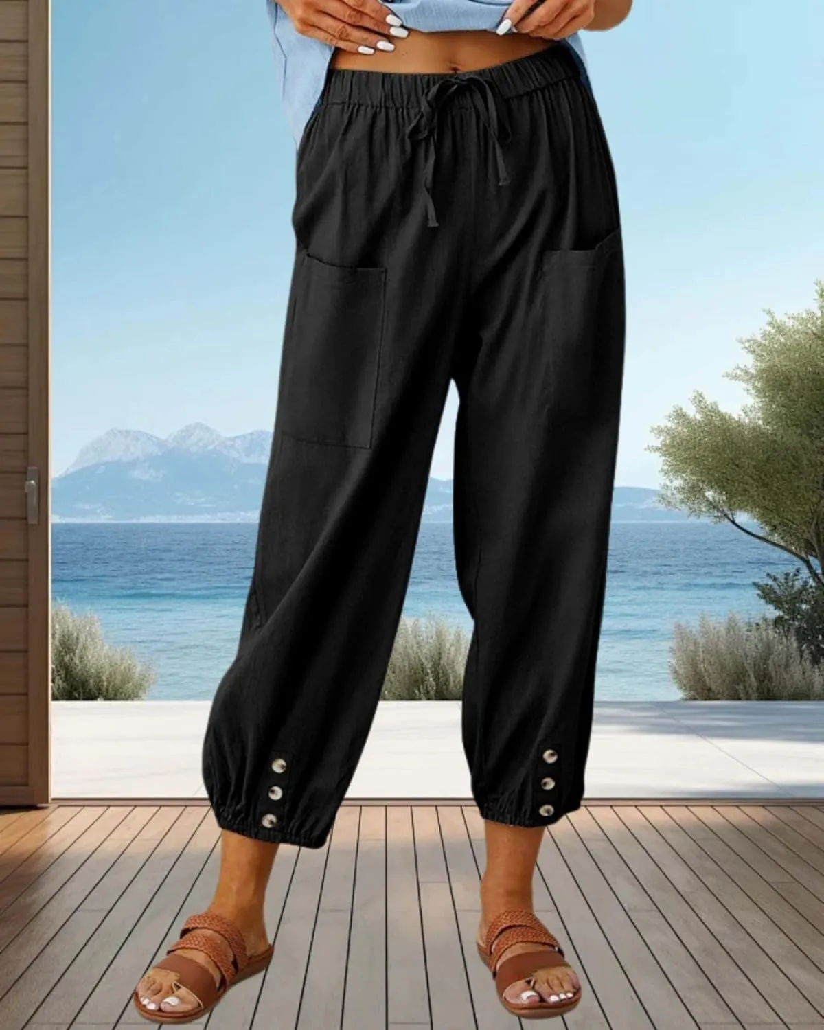Cotton Linen Capri Pants for Women Summer Casual Plus Size High Waist Elastic Drawstring Button Trouser with Pockets