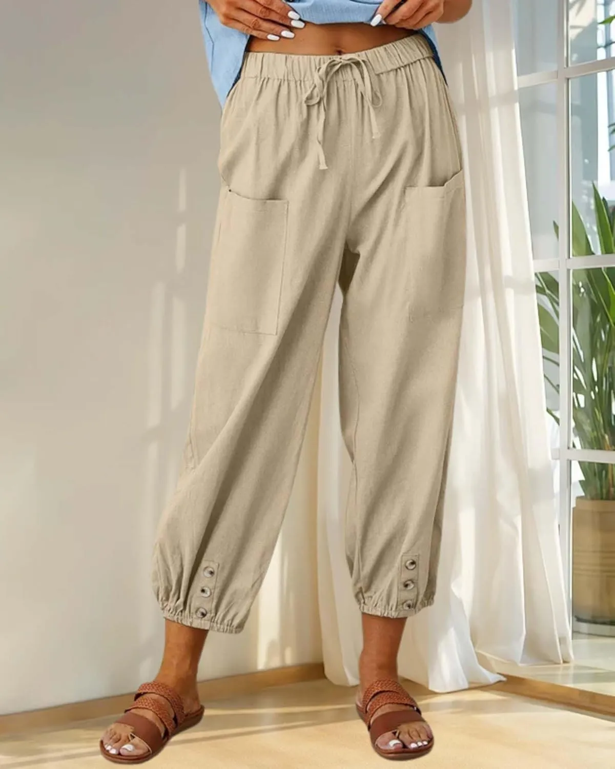 Cotton Linen Capri Pants for Women Summer Casual Plus Size High Waist Elastic Drawstring Button Trouser with Pockets