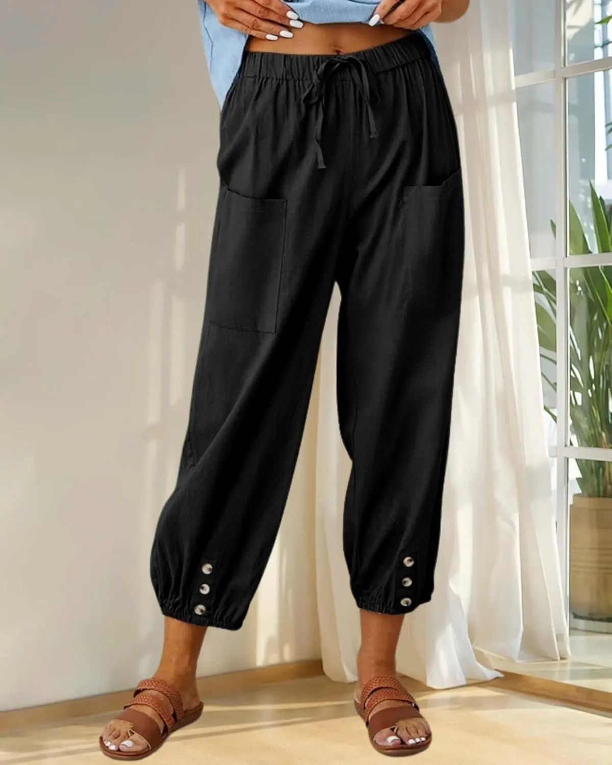 Cotton Linen Capri Pants for Women Summer Casual Plus Size High Waist Elastic Drawstring Button Trouser with Pockets