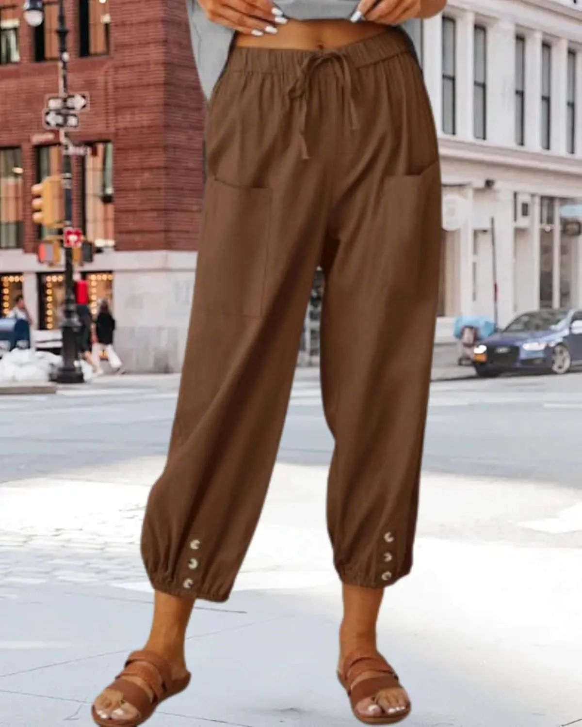 Cotton Linen Capri Pants for Women Summer Casual Plus Size High Waist Elastic Drawstring Button Trouser with Pockets