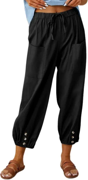 Cotton Linen Capri Pants for Women Summer Casual Plus Size High Waist Elastic Drawstring Button Trouser with Pockets