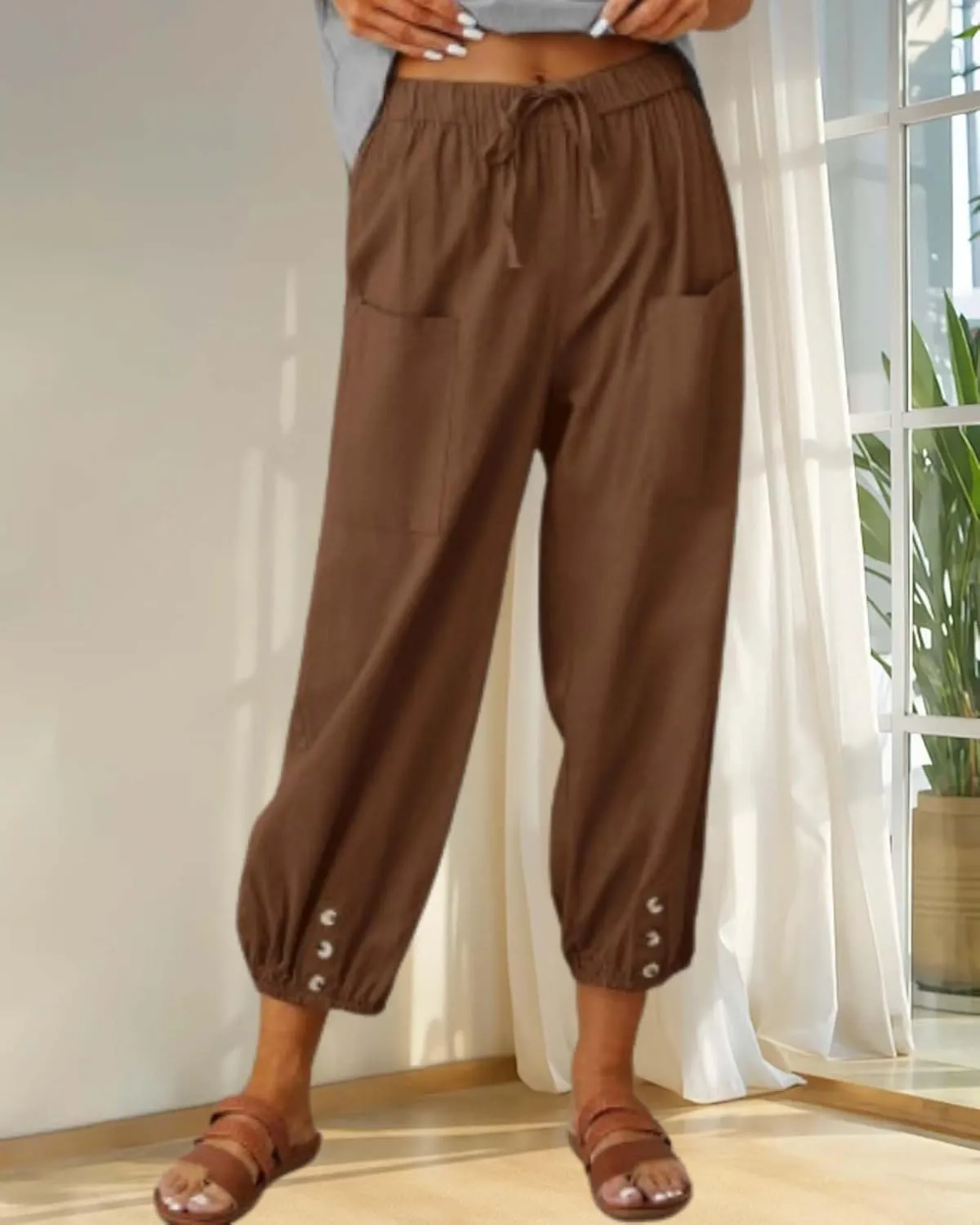 Cotton Linen Capri Pants for Women Summer Casual Plus Size High Waist Elastic Drawstring Button Trouser with Pockets