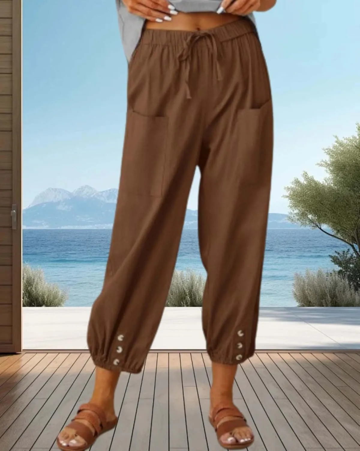 Cotton Linen Capri Pants for Women Summer Casual Plus Size High Waist Elastic Drawstring Button Trouser with Pockets
