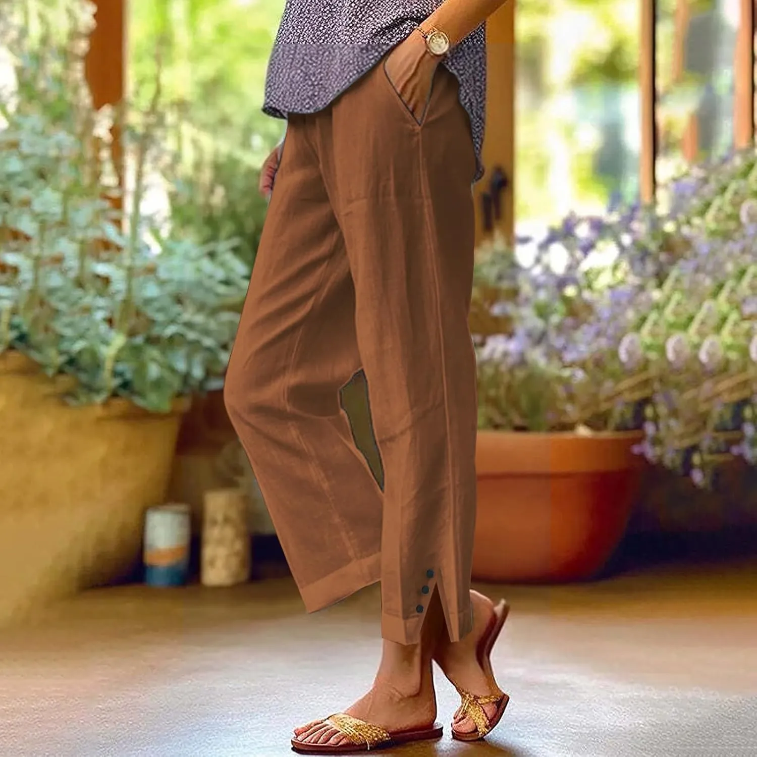 Cotton Linen Cropped Pants for Women Summer Elastic Waist Straight Wide Leg Solid Boho Beach Trouser with Pockets