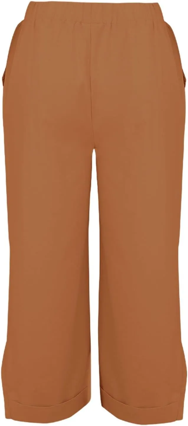 Cotton Linen Cropped Pants for Women Summer Elastic Waist Straight Wide Leg Solid Boho Beach Trouser with Pockets
