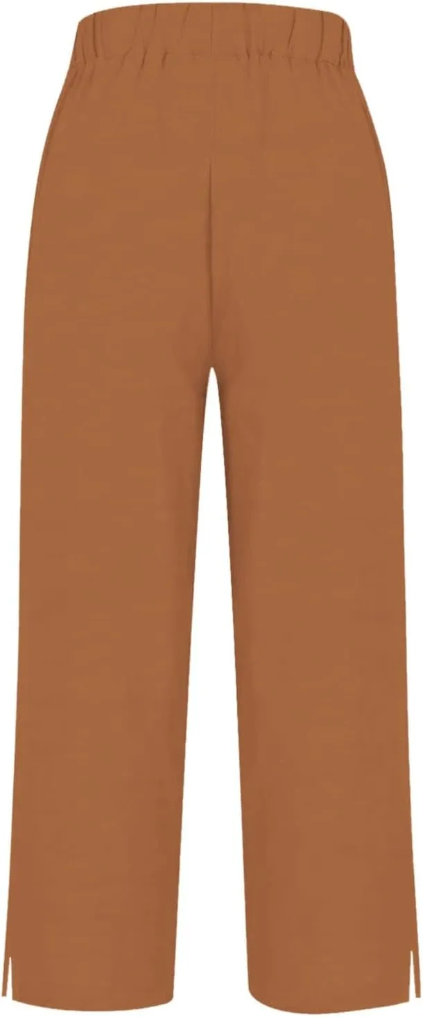 Cotton Linen Cropped Pants for Women Summer Elastic Waist Straight Wide Leg Solid Boho Beach Trouser with Pockets