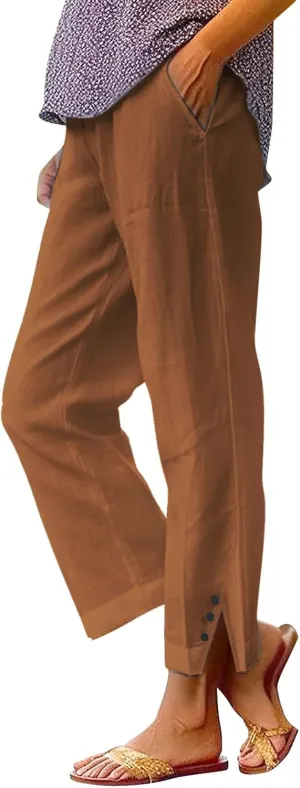 Cotton Linen Cropped Pants for Women Summer Elastic Waist Straight Wide Leg Solid Boho Beach Trouser with Pockets