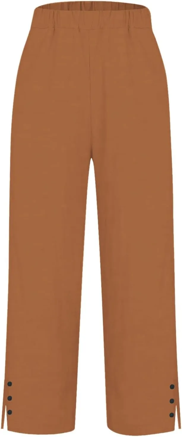 Cotton Linen Cropped Pants for Women Summer Elastic Waist Straight Wide Leg Solid Boho Beach Trouser with Pockets