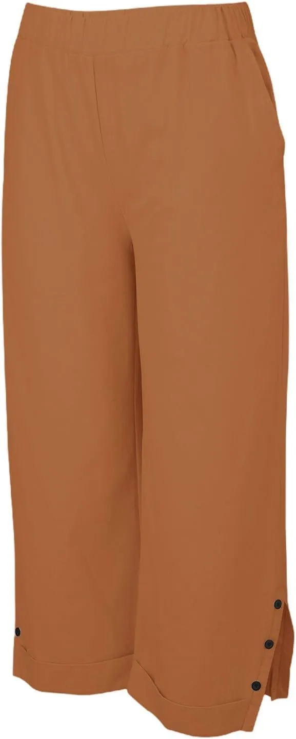 Cotton Linen Cropped Pants for Women Summer Elastic Waist Straight Wide Leg Solid Boho Beach Trouser with Pockets
