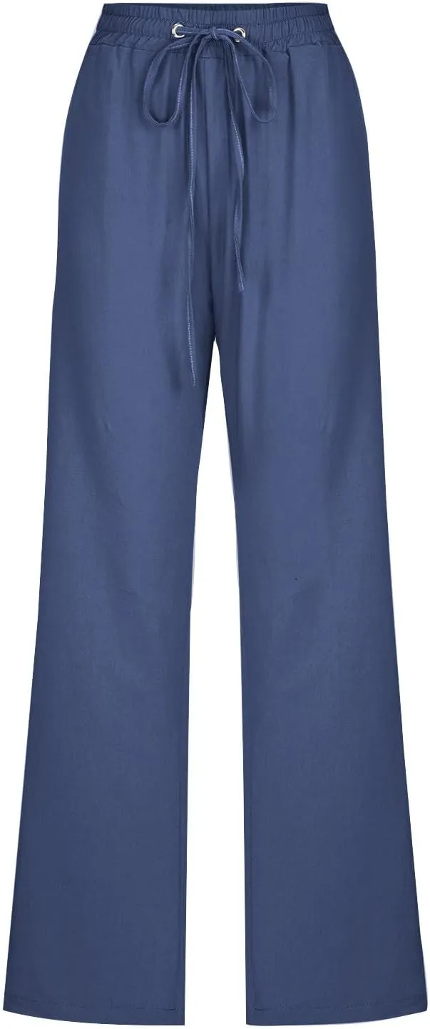 Cotton Linen Pants for Women Printed Capri Pant Wide Leg Plus Size Sweatpants Summer Cropped Elastic Waist Trousers