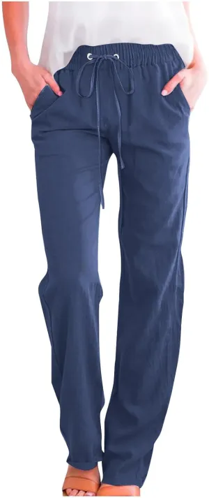 Cotton Linen Pants for Women Printed Capri Pant Wide Leg Plus Size Sweatpants Summer Cropped Elastic Waist Trousers