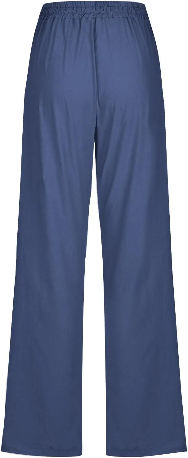 Cotton Linen Pants for Women Printed Capri Pant Wide Leg Plus Size Sweatpants Summer Cropped Elastic Waist Trousers