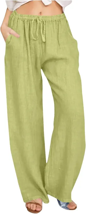 Cotton Linen Pants for Women Summer Loose Straight Leg Drawstring Trousers Casual Elastic Waist Long Pant with Pocket
