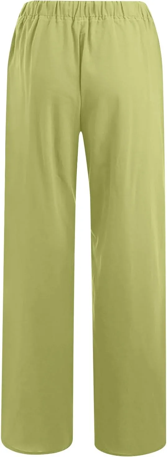 Cotton Linen Pants for Women Summer Loose Straight Leg Drawstring Trousers Casual Elastic Waist Long Pant with Pocket