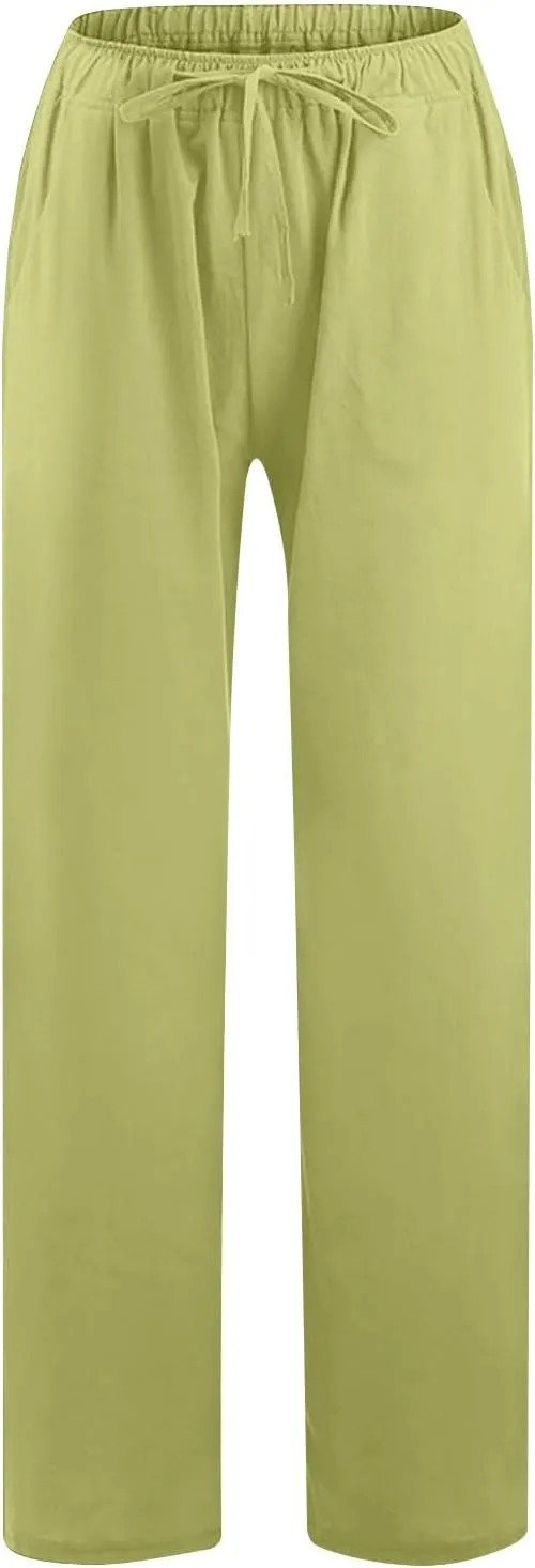 Cotton Linen Pants for Women Summer Loose Straight Leg Drawstring Trousers Casual Elastic Waist Long Pant with Pocket