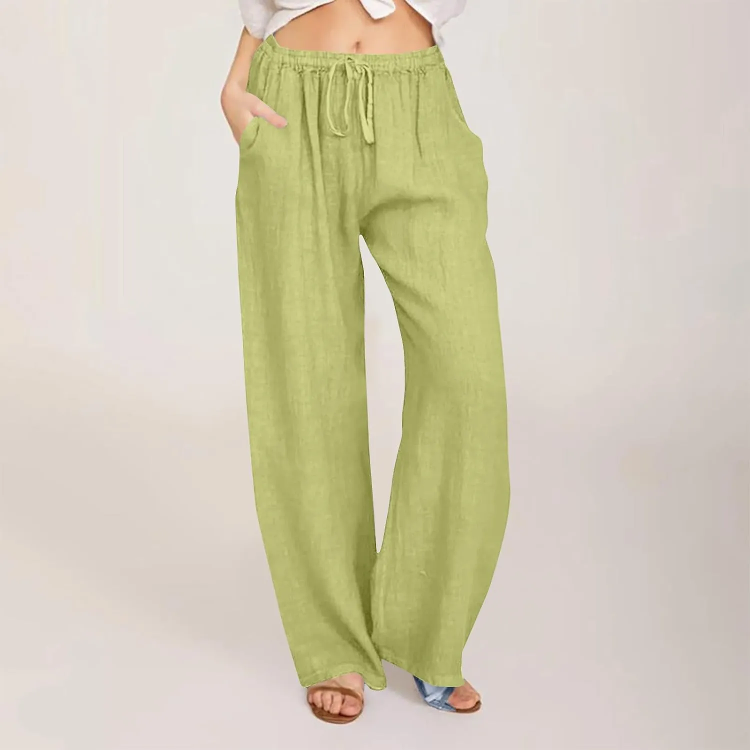Cotton Linen Pants for Women Summer Loose Straight Leg Drawstring Trousers Casual Elastic Waist Long Pant with Pocket