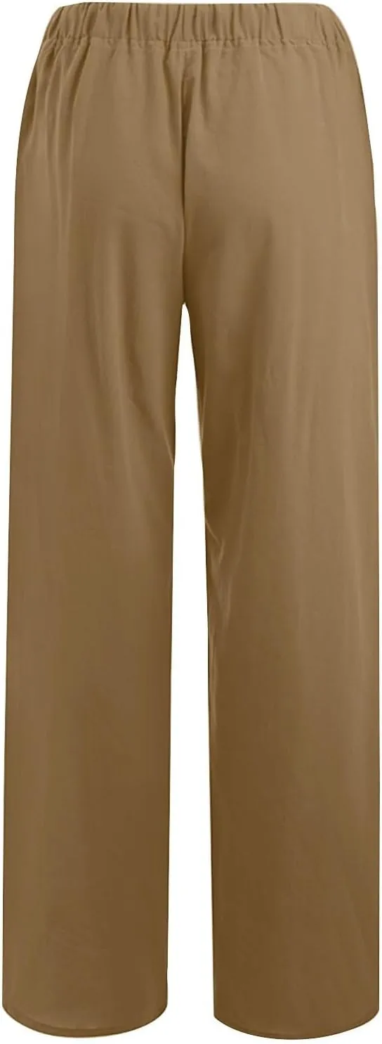 Cotton Linen Pants for Women Summer Wide Leg Casual Loose Drawstring High Waist Palazzo Pants Trousers with Pocket