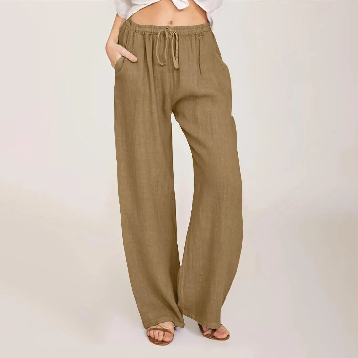 Cotton Linen Pants for Women Summer Wide Leg Casual Loose Drawstring High Waist Palazzo Pants Trousers with Pocket