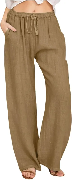 Cotton Linen Pants for Women Summer Wide Leg Casual Loose Drawstring High Waist Palazzo Pants Trousers with Pocket