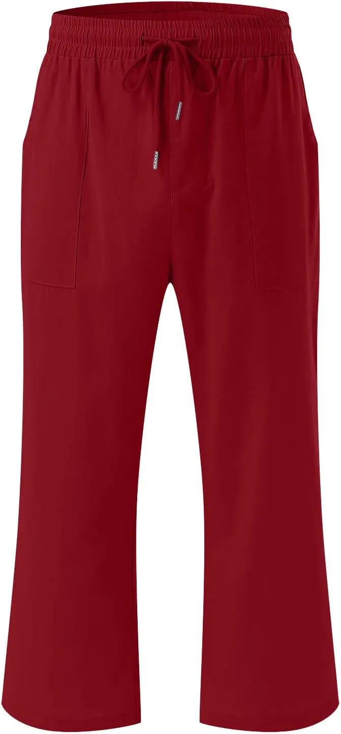 Cotton Linen Pants for Women Trendy 2024 High Waist Drawstring Cropped Pant Trousers Casual Summer Wide Leg Capris