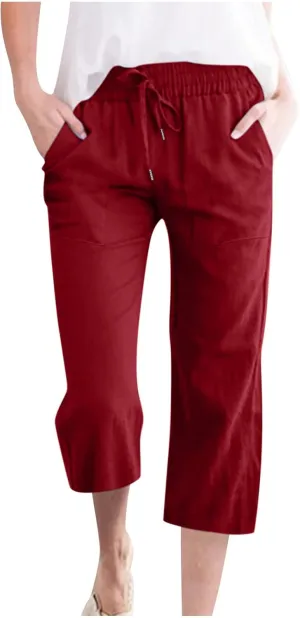 Cotton Linen Pants for Women Trendy 2024 High Waist Drawstring Cropped Pant Trousers Casual Summer Wide Leg Capris