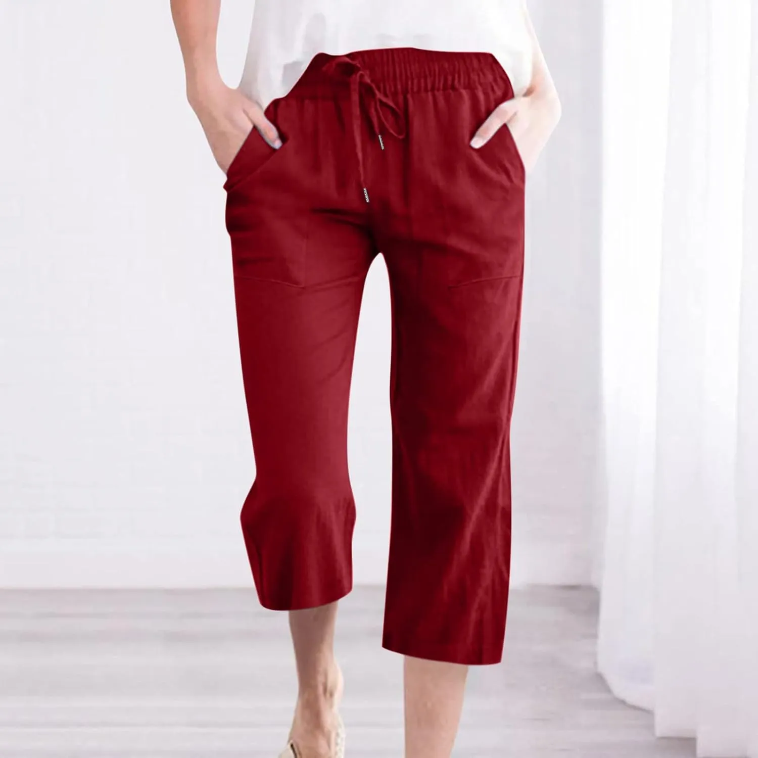 Cotton Linen Pants for Women Trendy 2024 High Waist Drawstring Cropped Pant Trousers Casual Summer Wide Leg Capris