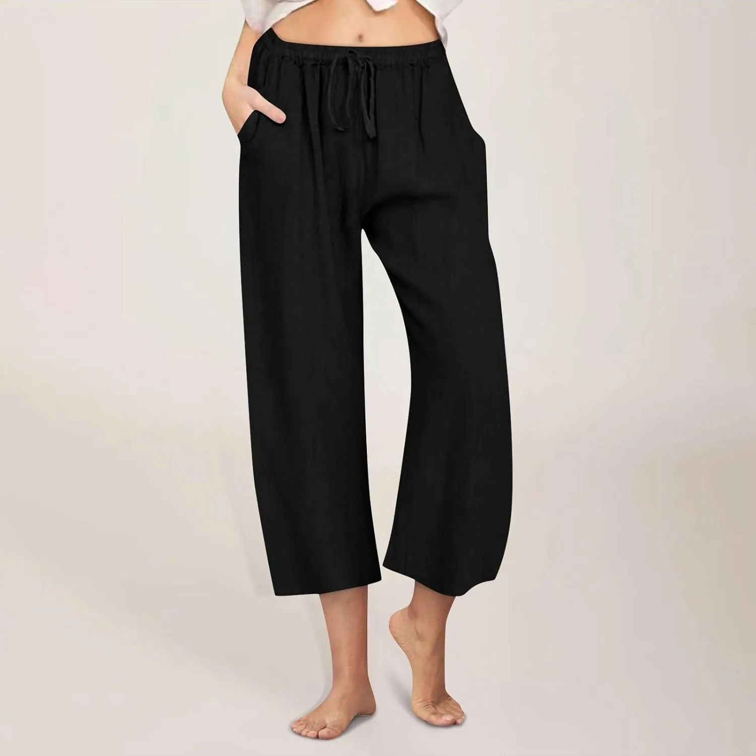 Cotton Linen Pants for Women Wide Leg Cropped Lounge Trousers Drawstring Elastic Waist Summer Beach Pant Outfits
