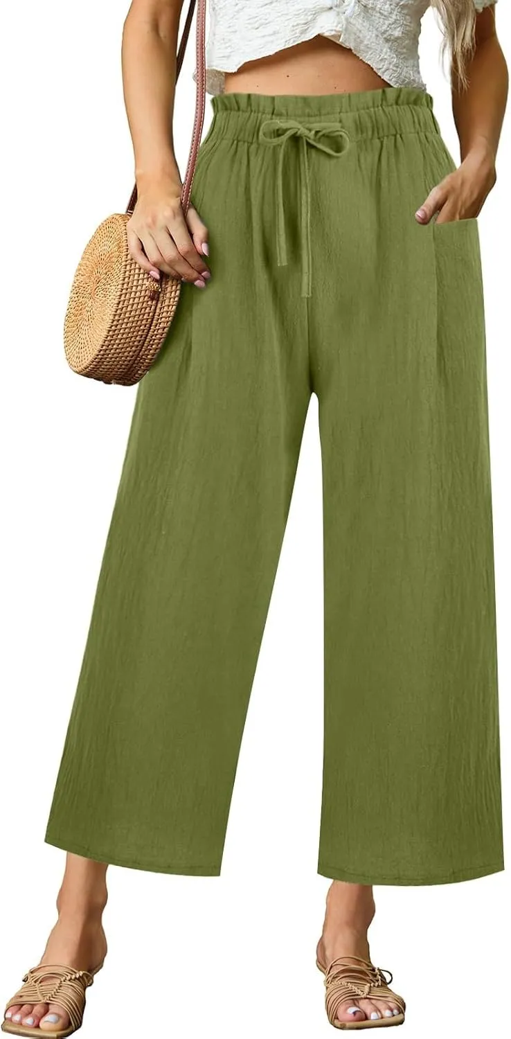 Cotton Linen Pants for Women Wide Leg Cropped Lounge Trousers Drawstring Elastic Waist Summer Beach Pant Outfits