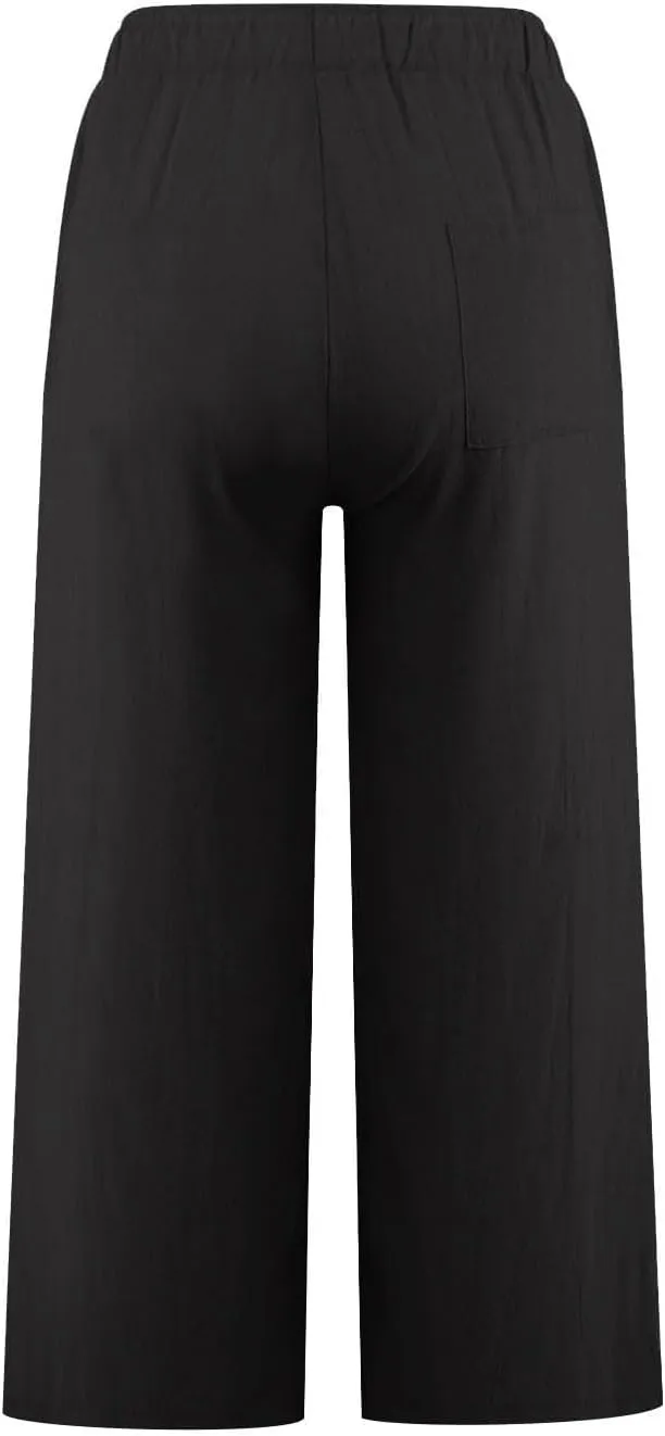 Cotton Linen Pants for Women Wide Leg Cropped Lounge Trousers Drawstring Elastic Waist Summer Beach Pant Outfits