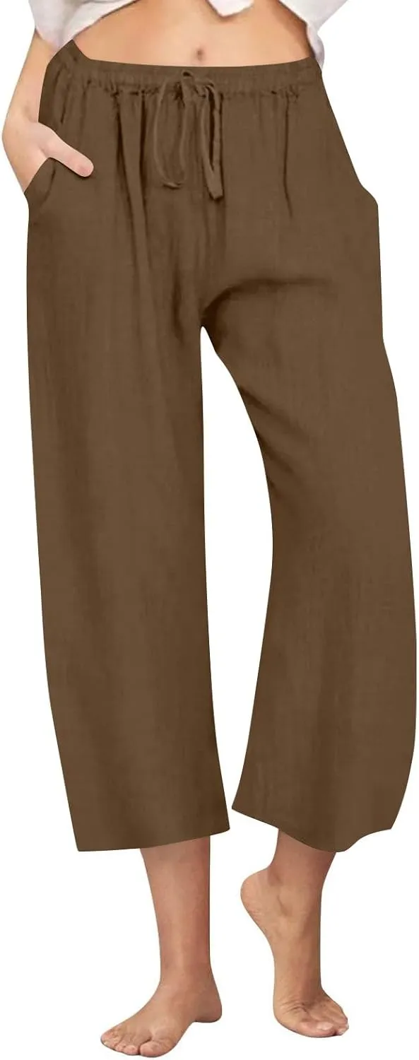 Cotton Linen Pants for Women Wide Leg Cropped Lounge Trousers Drawstring Elastic Waist Summer Beach Pant Outfits