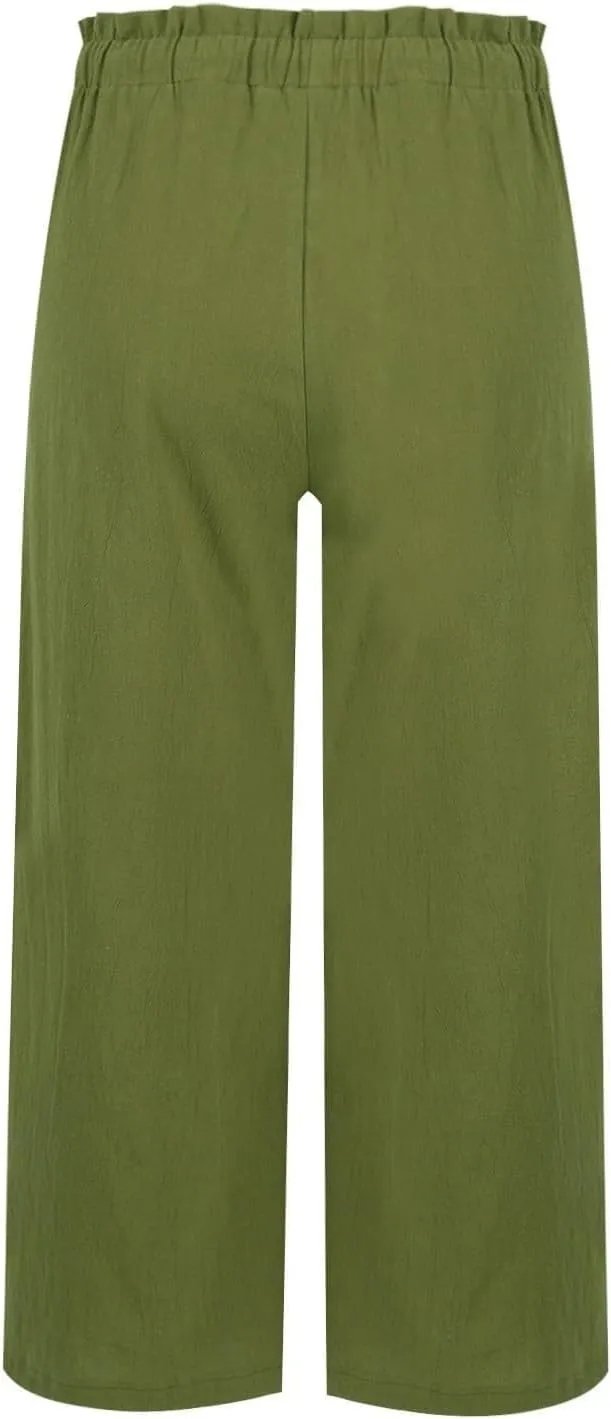 Cotton Linen Pants for Women Wide Leg Cropped Lounge Trousers Drawstring Elastic Waist Summer Beach Pant Outfits