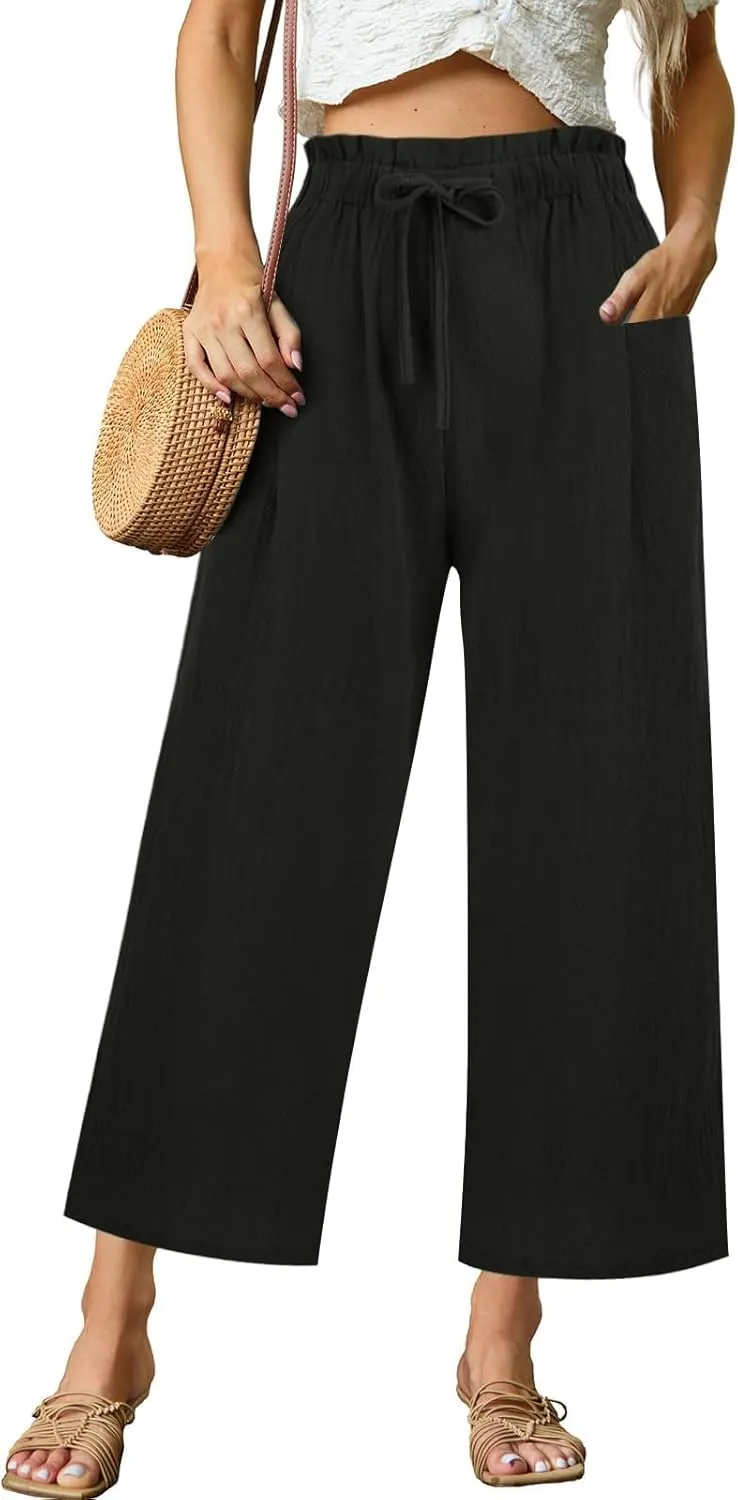 Cotton Linen Pants for Women Wide Leg Cropped Lounge Trousers Drawstring Elastic Waist Summer Beach Pant Outfits