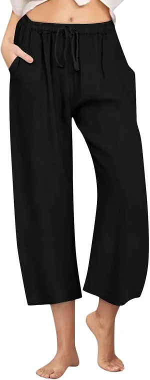 Cotton Linen Pants for Women Wide Leg Cropped Lounge Trousers Drawstring Elastic Waist Summer Beach Pant Outfits