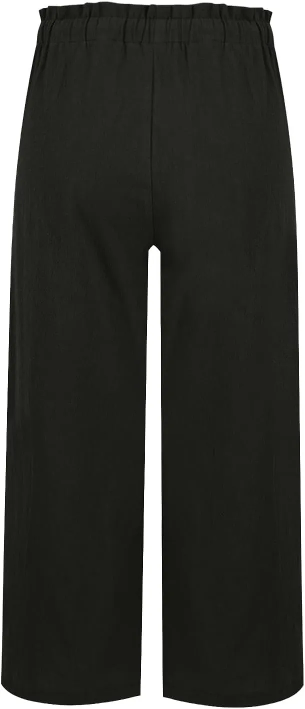Cotton Linen Pants for Women Wide Leg Cropped Lounge Trousers Drawstring Elastic Waist Summer Beach Pant Outfits